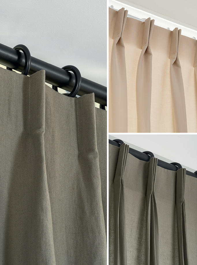 Rideaux et voilages sur mesure à Saint-Étienne & Montbrison : l’art de la finition parfaite 5 Tête de rideau confection plis flamands beige sur tringle noire