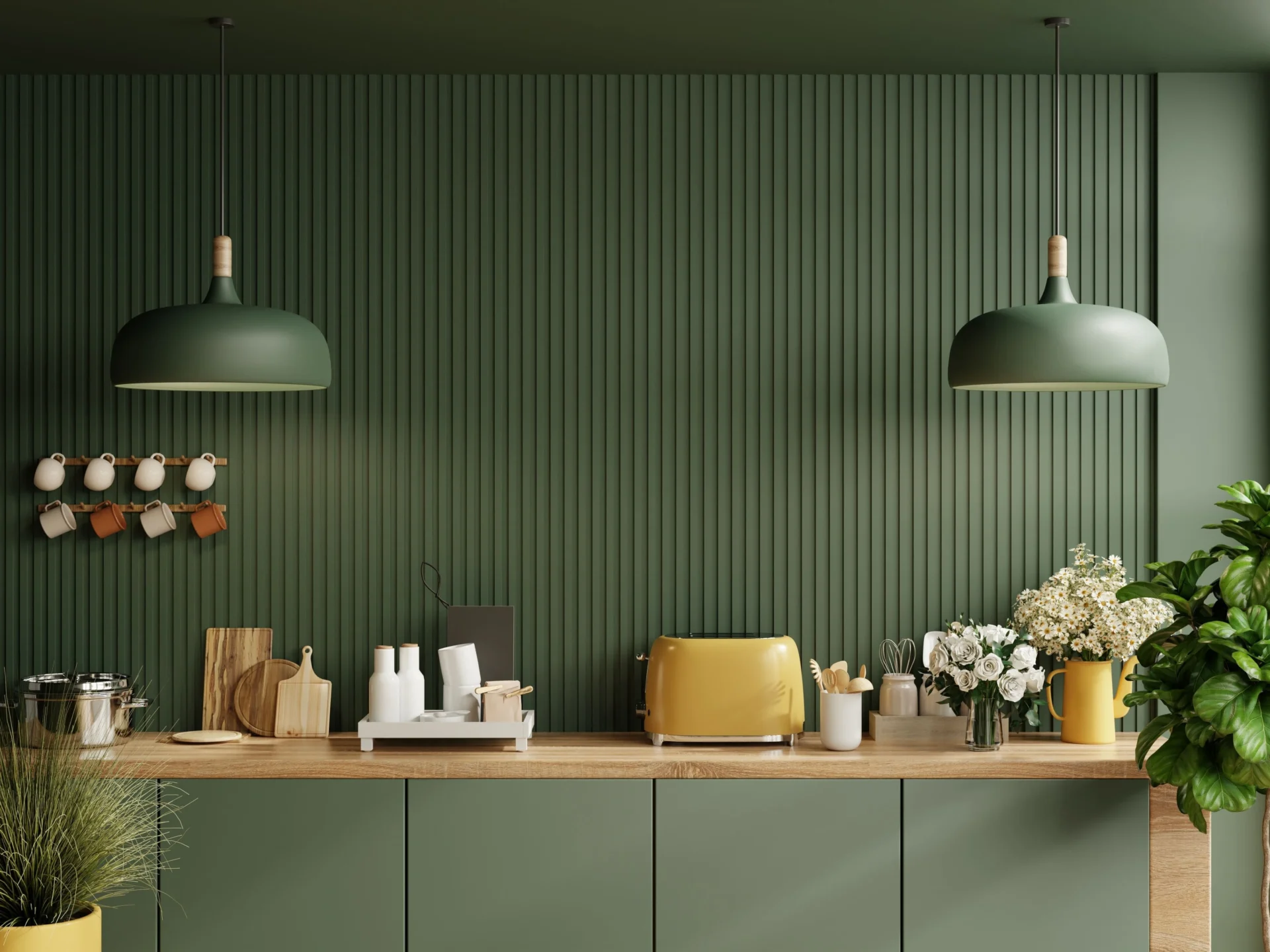 Cuisine design avec mur vert sapin profond et mobilier bois pour un style naturel et apaisant