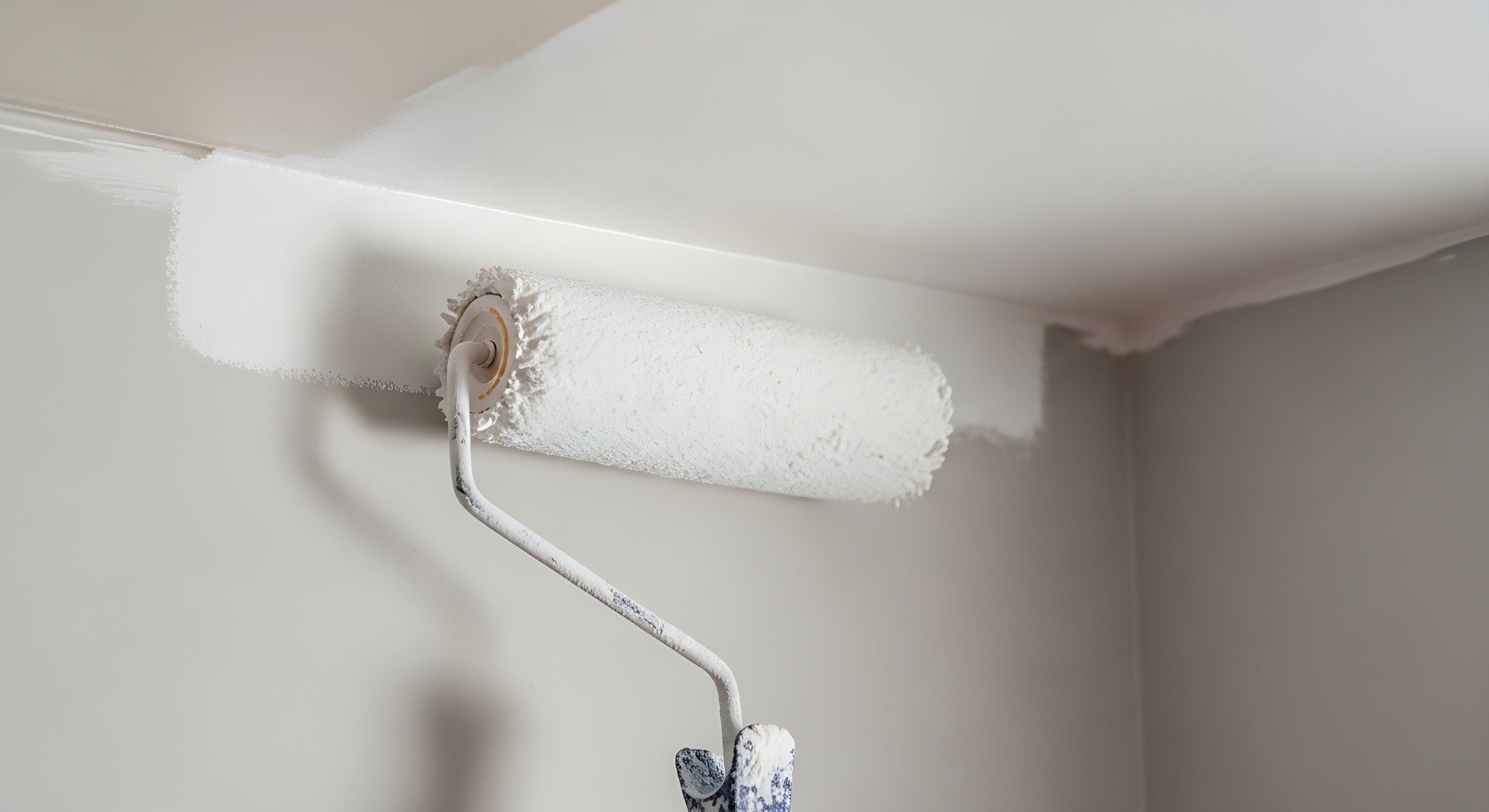 Application peinture plafond blanc mat sans traces avec rouleau polyamide 12mm en lumière rasante