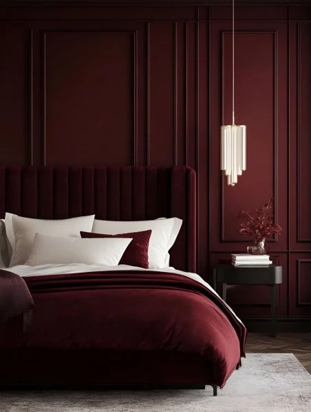 Chambre parentale chic peinte en bordeaux avec moulures pour une ambiance intime et luxueuse