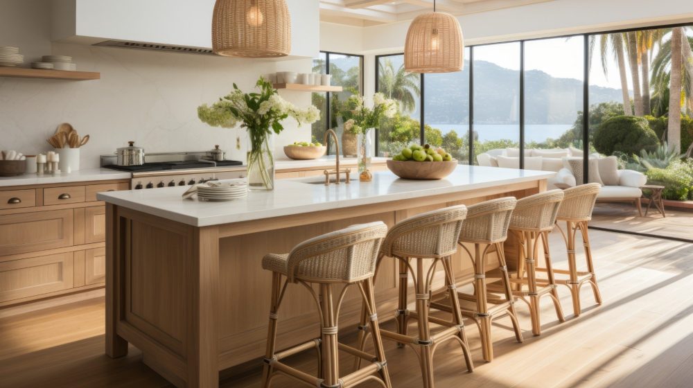 Grande cuisine lumineuse avec murs peints en blanc lessivable Indeko Bio et îlot central