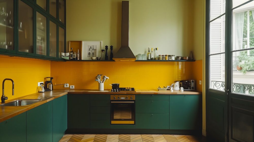 Relooking cuisine audacieux meubles peints en vert sapin et crédence carrelage jaune d'or