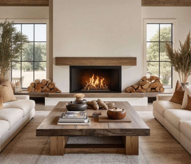 Two chairs and sofa near fireplace. French country interior design of modern living room. Generated with AI