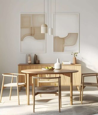 Stylish scandinavian living room interior of modern apartment with wooden commode design table chairs carpet abstract paintings on the wall and personal accessories in unique home deco : Generative AI